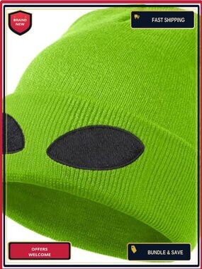 Alien Beanie Hat Big Eyes Cuffed Knit Winter Warm Soft Stretchy Cap